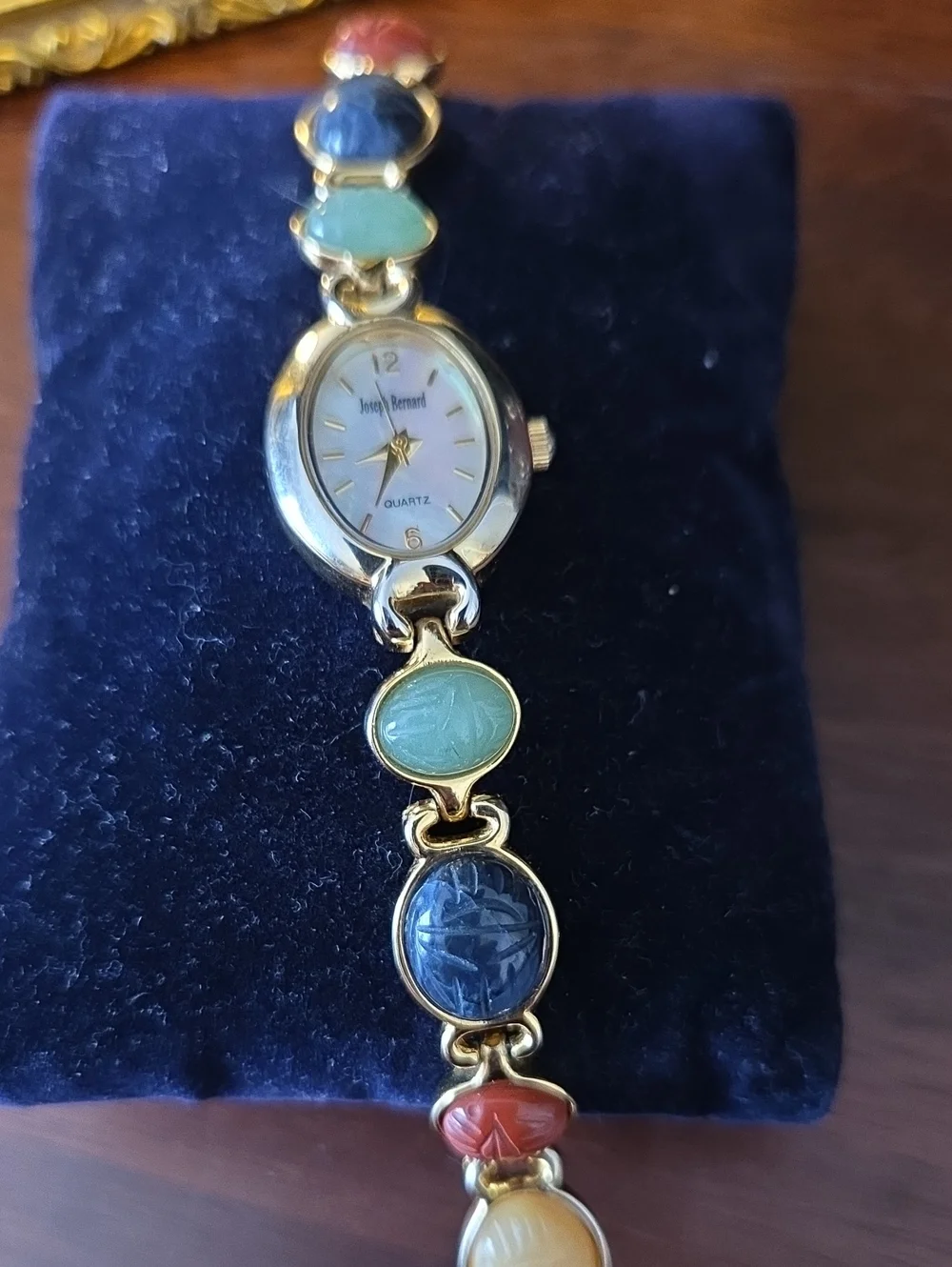 Vintage JOSEPH BERNARD Gold-Tone Watch With Egyptian Scarab Gemstone Cabochons